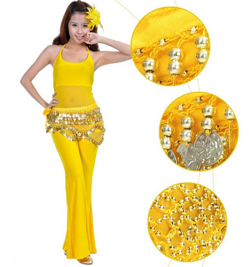 Aivtalk Girls Lady Women Belly Scarf Gold Coins Belly Dance Velvet Triangle Hip Scarf Yellow - Image 2